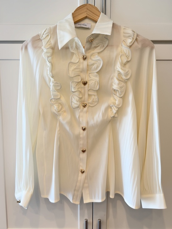 The Label Edition Tops - The Label Edition Ezra Ruffle Shirt Off-White Cream Heart Buttons XS Excellent